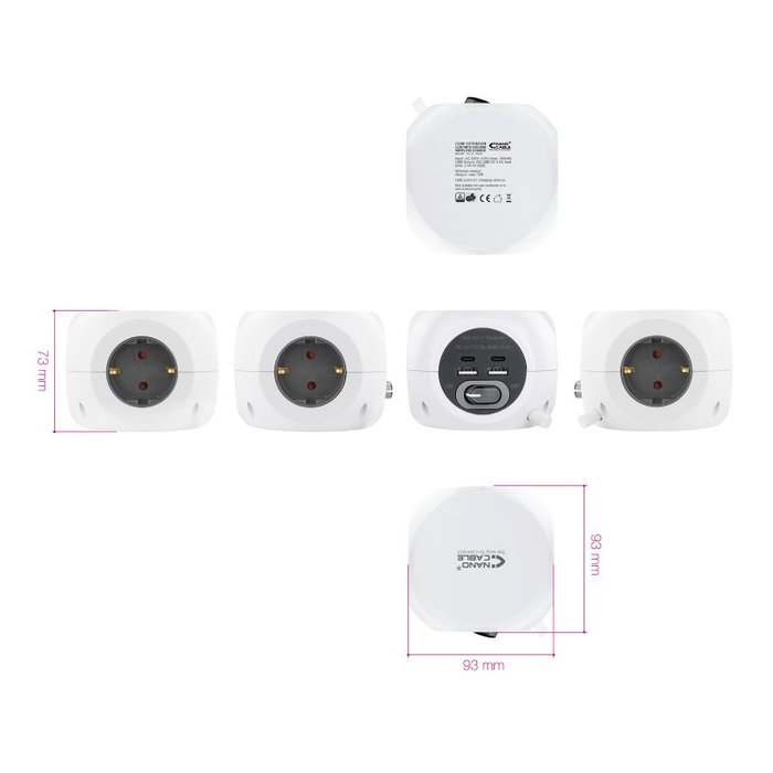 Nanocable Regleta de 3 Enchufes y 4 USB (2 USB-A y 2 USB-C) con Interruptor, Blanca